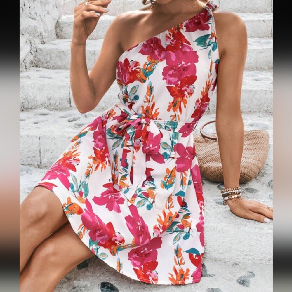 SHEIN Vibrant Floral One-Shoulder Dress